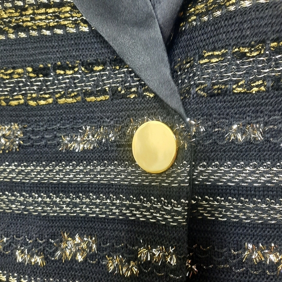ST JOHN Metallic Knit Jacket Satin Lapels Black Gold Silver 4 S - Picture 13 of 14